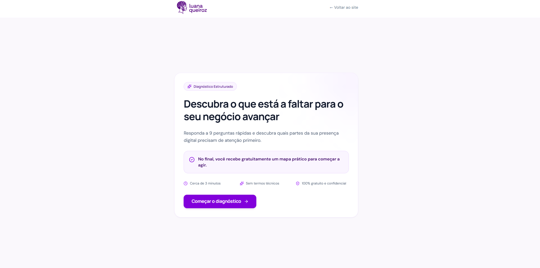 Página inicial do Diagnóstico da Presença Digital de Luana Queiroz