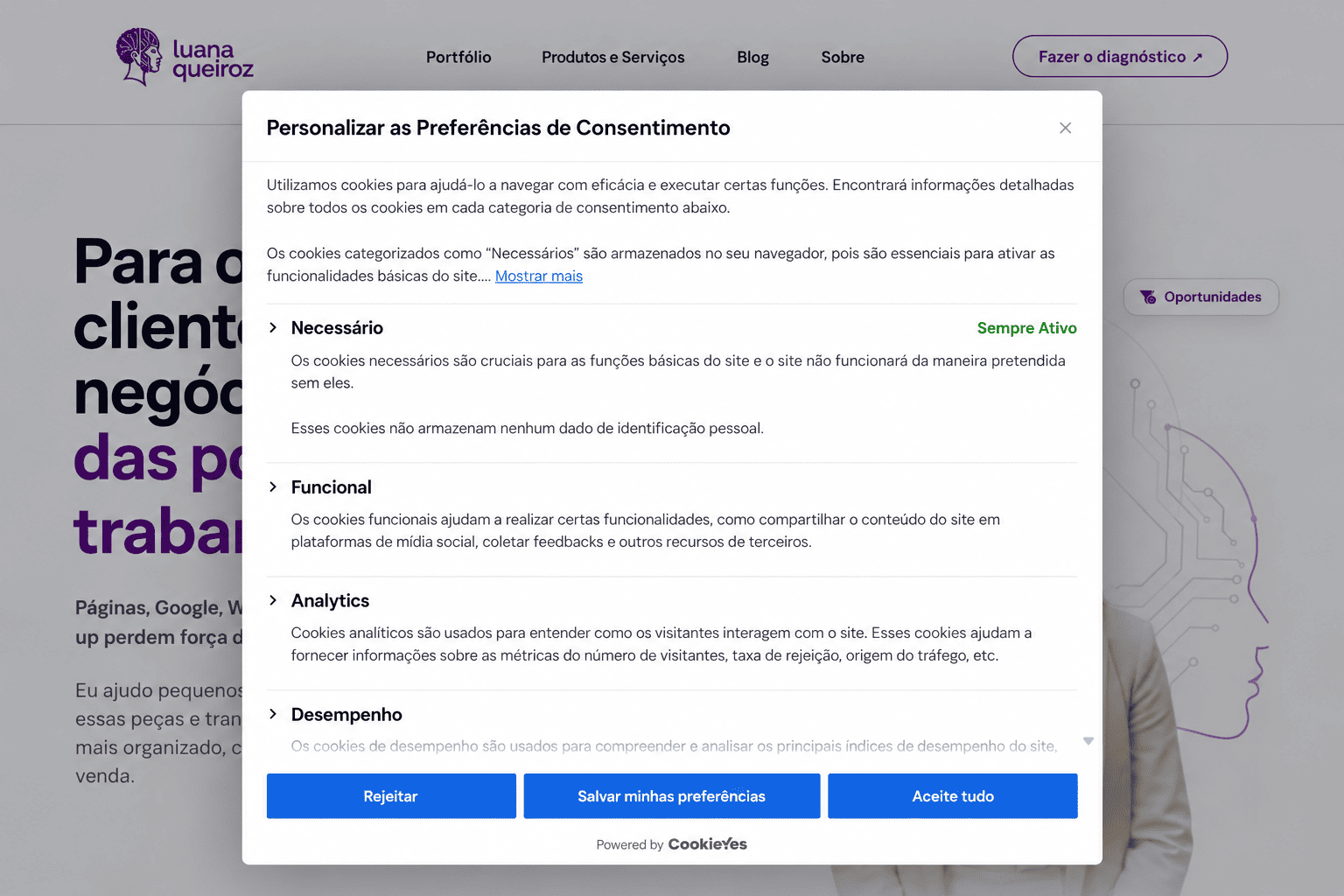 Preferências de consentimento e categorias de cookies configuradas no site