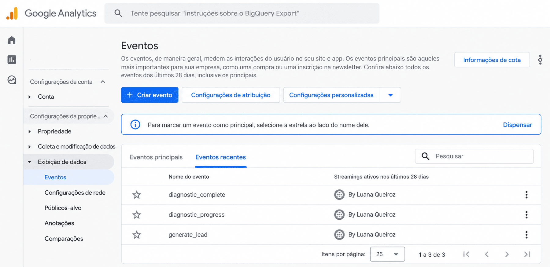 Eventos do funil recebidos no Google Analytics 4