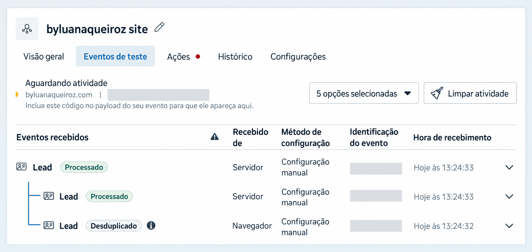 Evento Lead recebido pela Meta pelo servidor e pelo navegador, com deduplicação confirmada