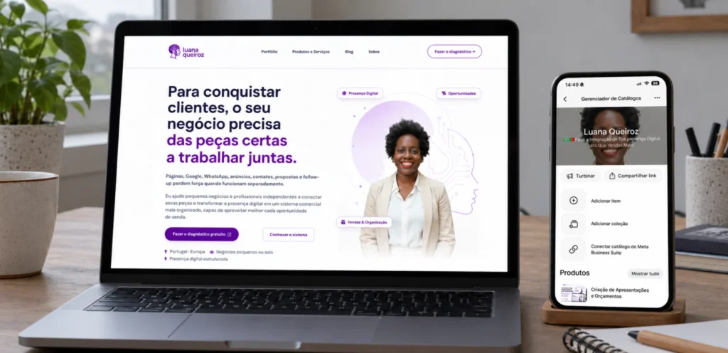 Site de Luana Queiroz e WhatsApp Business num ambiente de trabalho