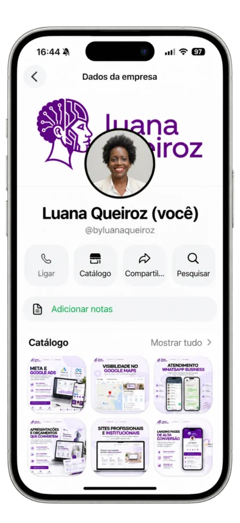Perfil e catálogo do WhatsApp Business de Luana Queiroz
